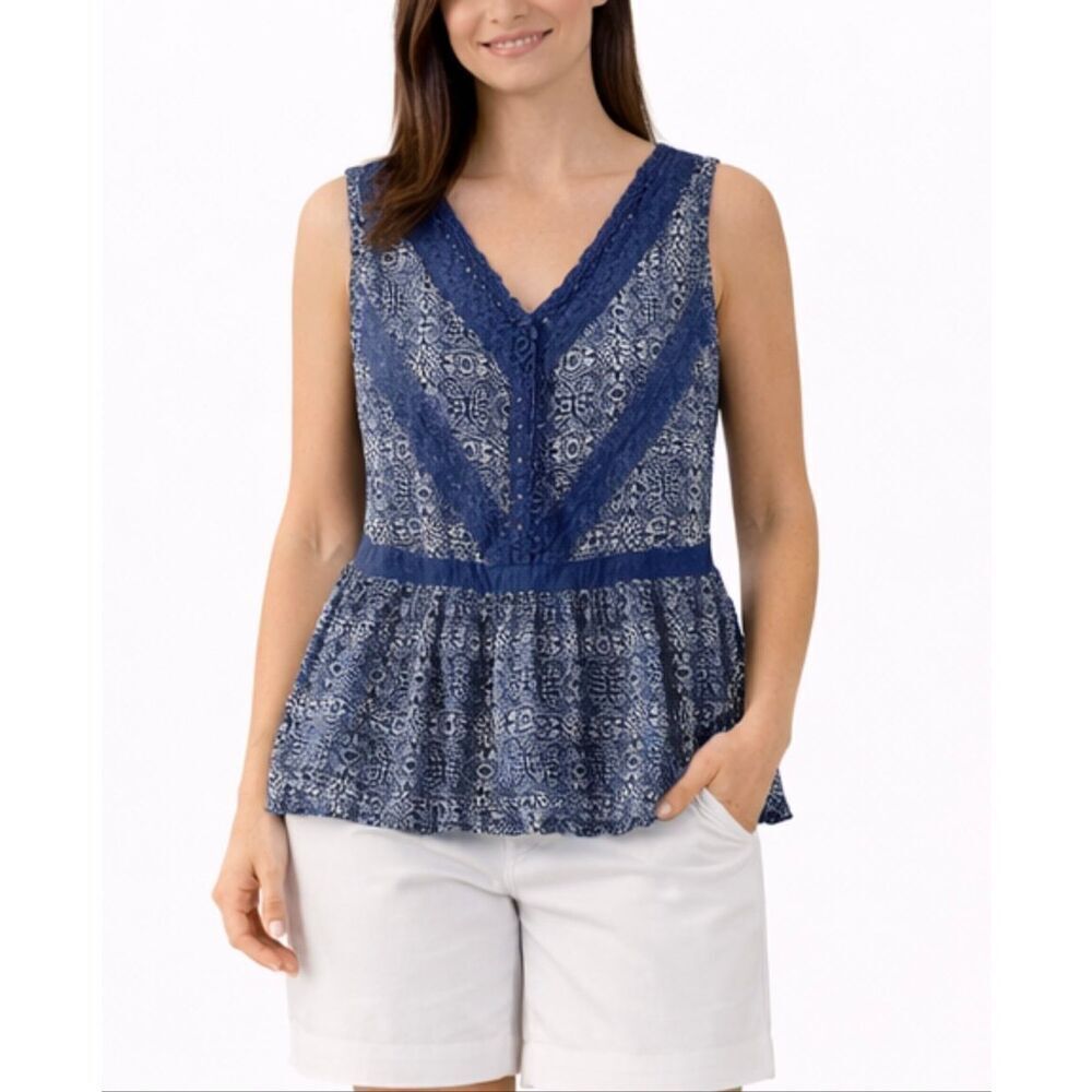 Knox rose navy printed lace trim peplum top xs
